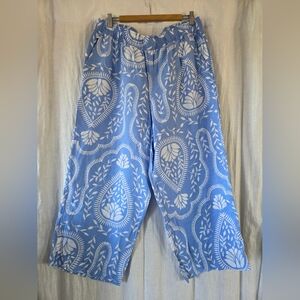 Wide Leg Printed Cotton Pants - Blue & White